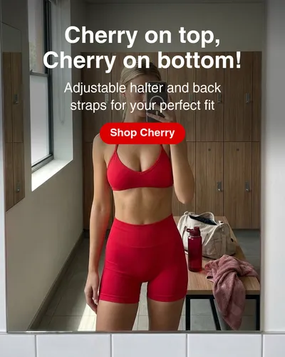 Image ad for Velocity Activewear: Sculpt V Bralette and Sculpt Shorts, Cherry